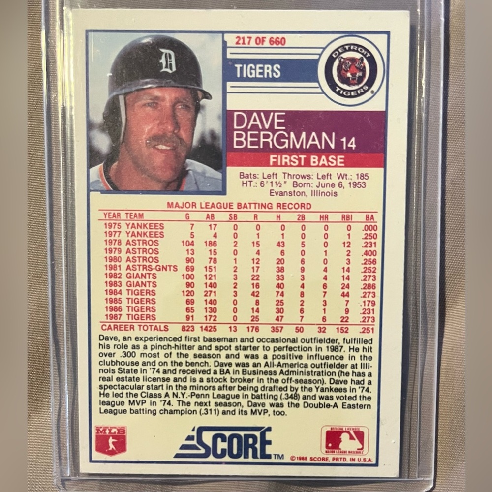 VINTAGE Dave Bergman 1988 Score MLB Detroit Tigers Baseball Trading Card - Picture 2 of 2